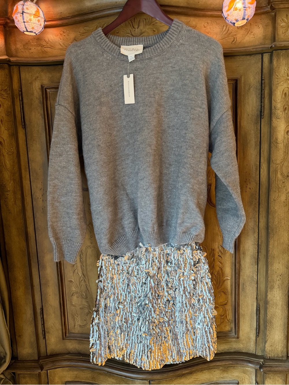 Anthropologie Gray Sweater with Metallic-Trim Mini Skirt